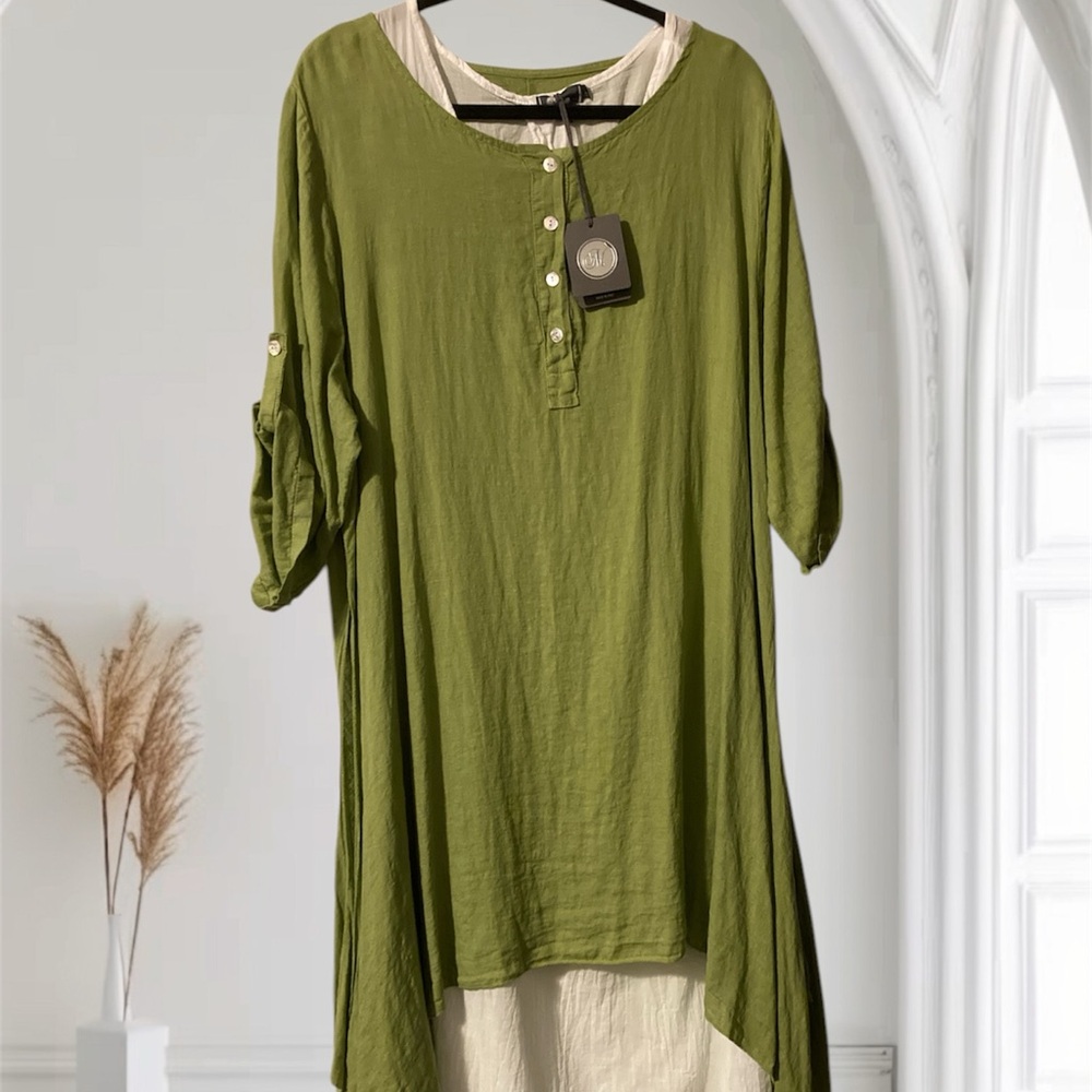 NEW M*Made in Italy 🇮🇹 Olive 🫒 & White 100% Linen Dresses